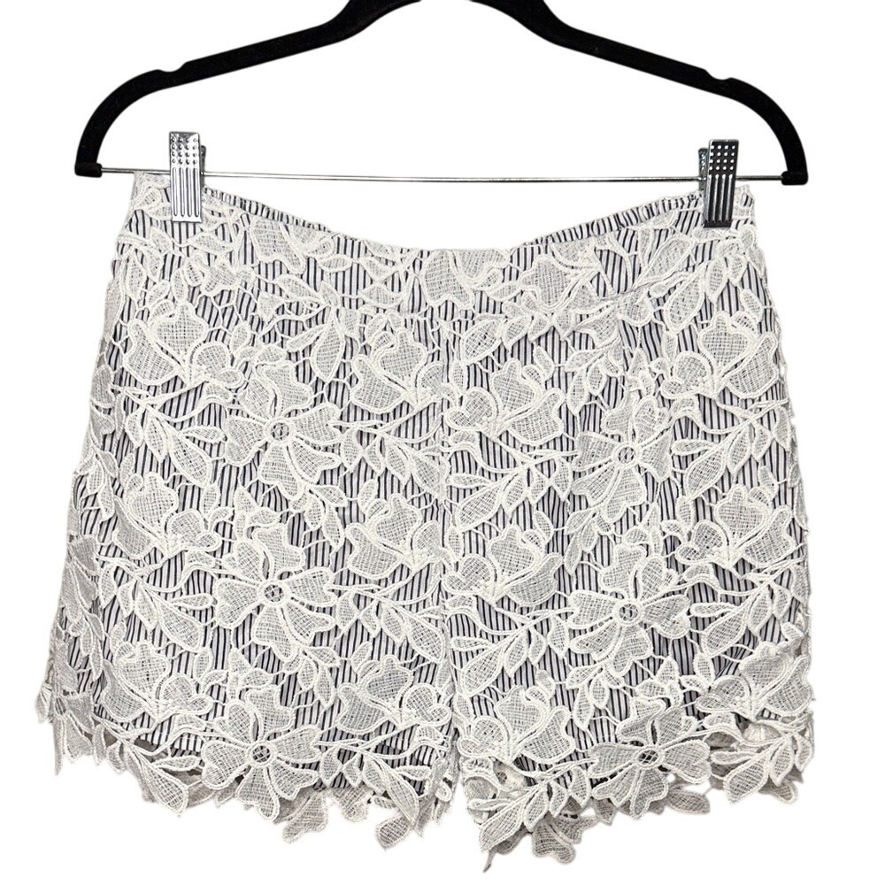 Adiva Floral Lace Shorts Small Blue White Striped Elastic Waist